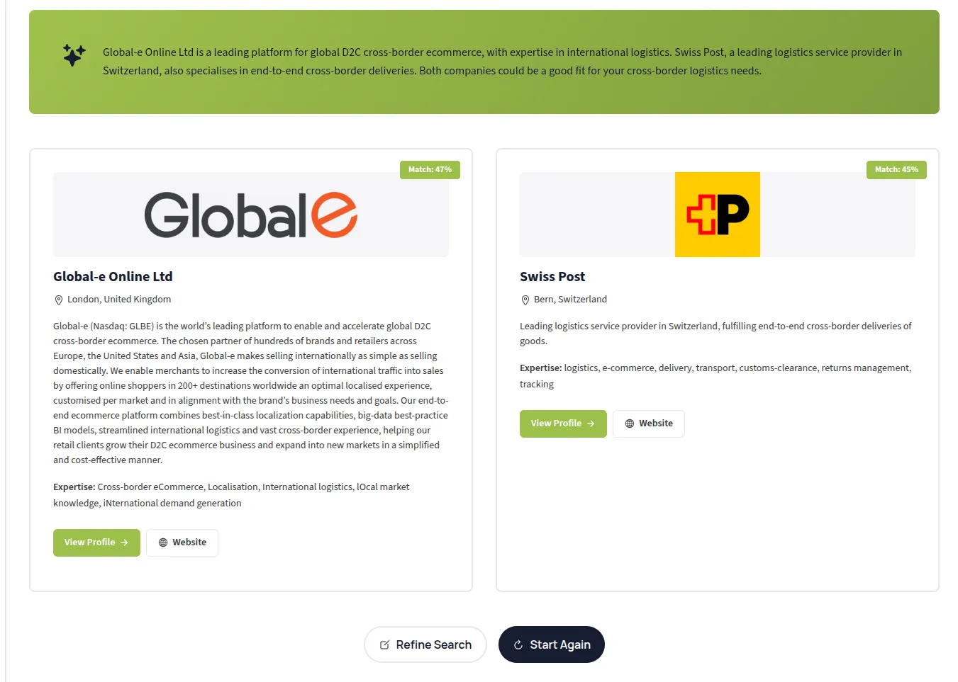 Two matches for a cross-border logistics request, each with a match score, profile and a written reason