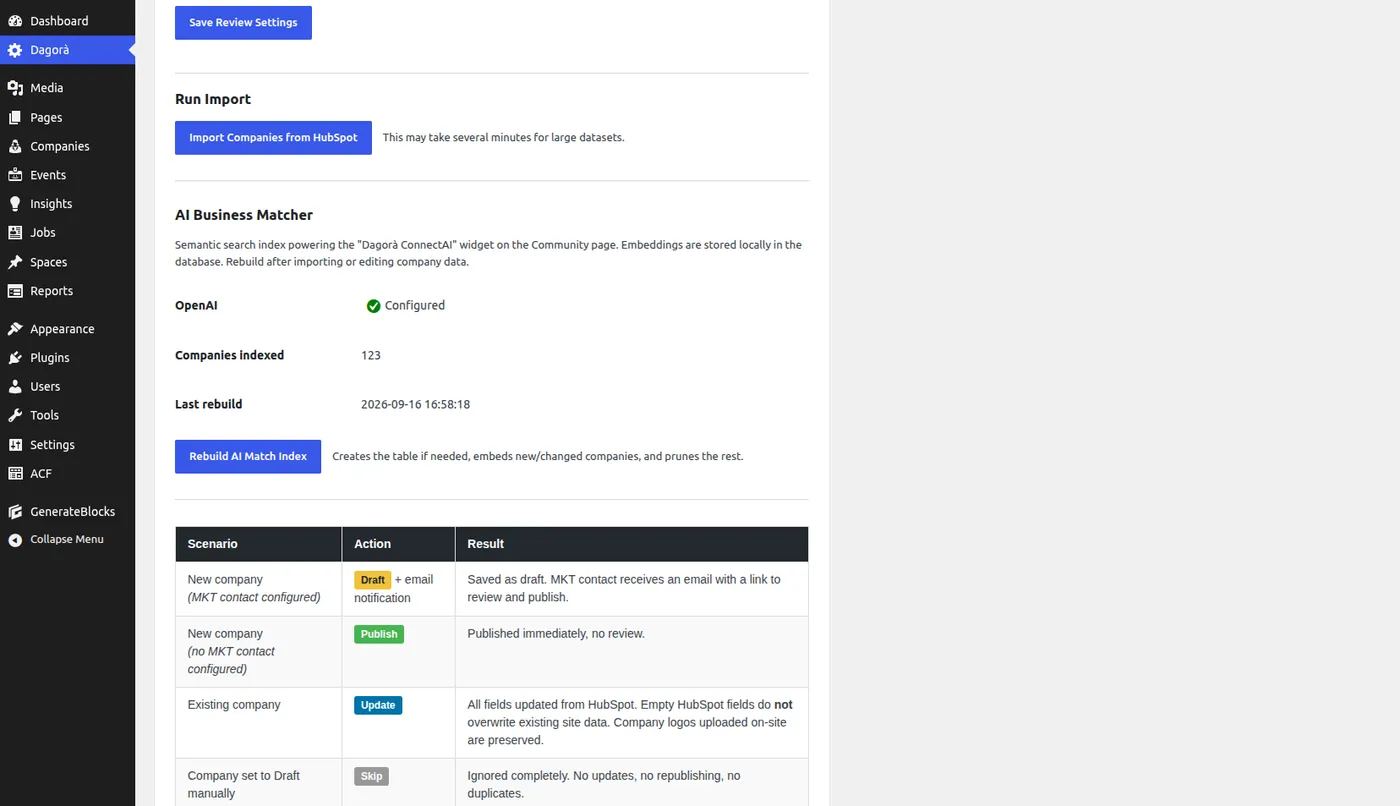 The admin screen: OpenAI configured, 123 companies indexed, last rebuild time, and a rebuild button