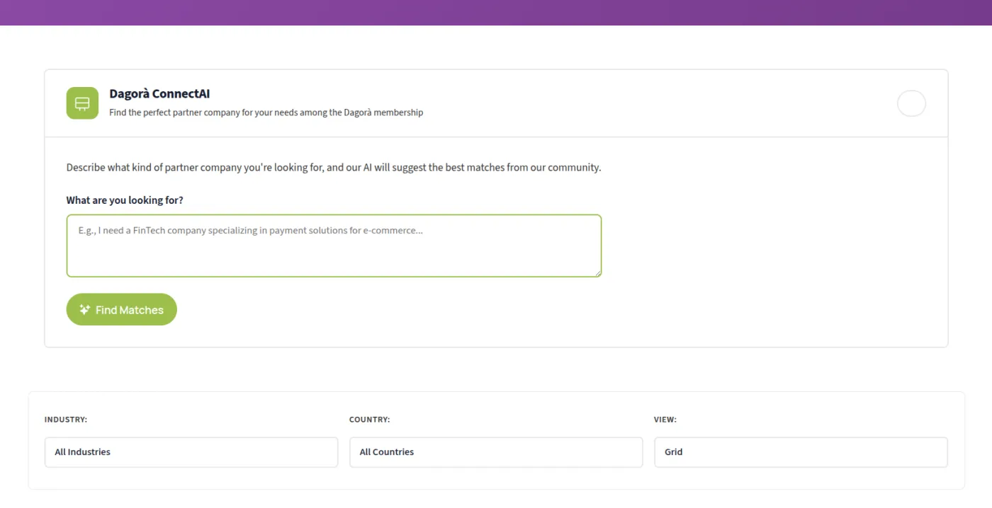 ConnectAI on the community site: describe the partner you need, then Find Matches