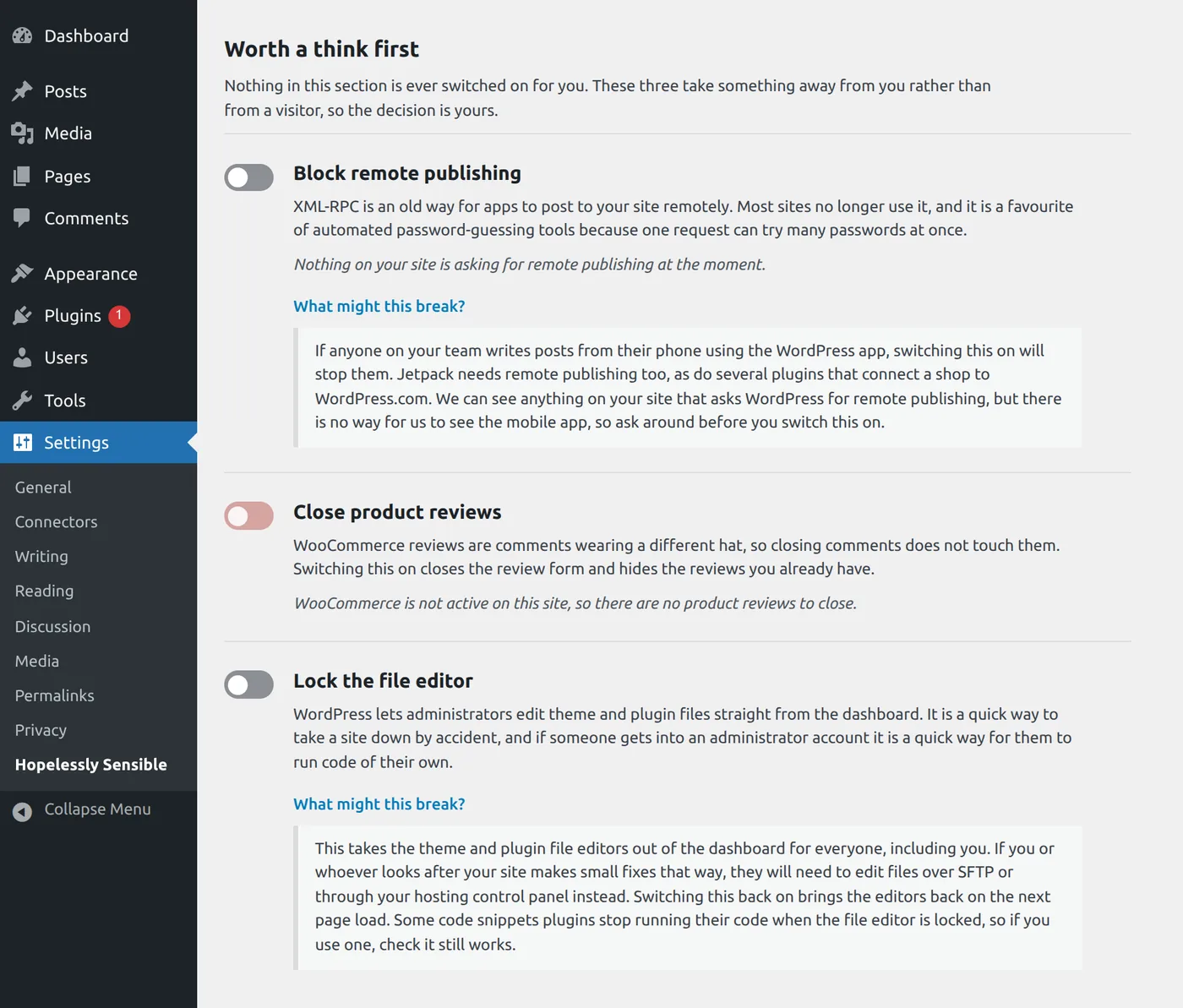 The 'Worth a think first' section: three protections never switched on automatically, one greyed out because the site cannot use it