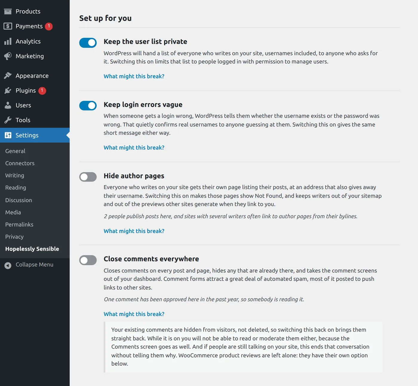 The settings screen: each protection has a switch, a plain-English explanation and a 'What might this break?' note