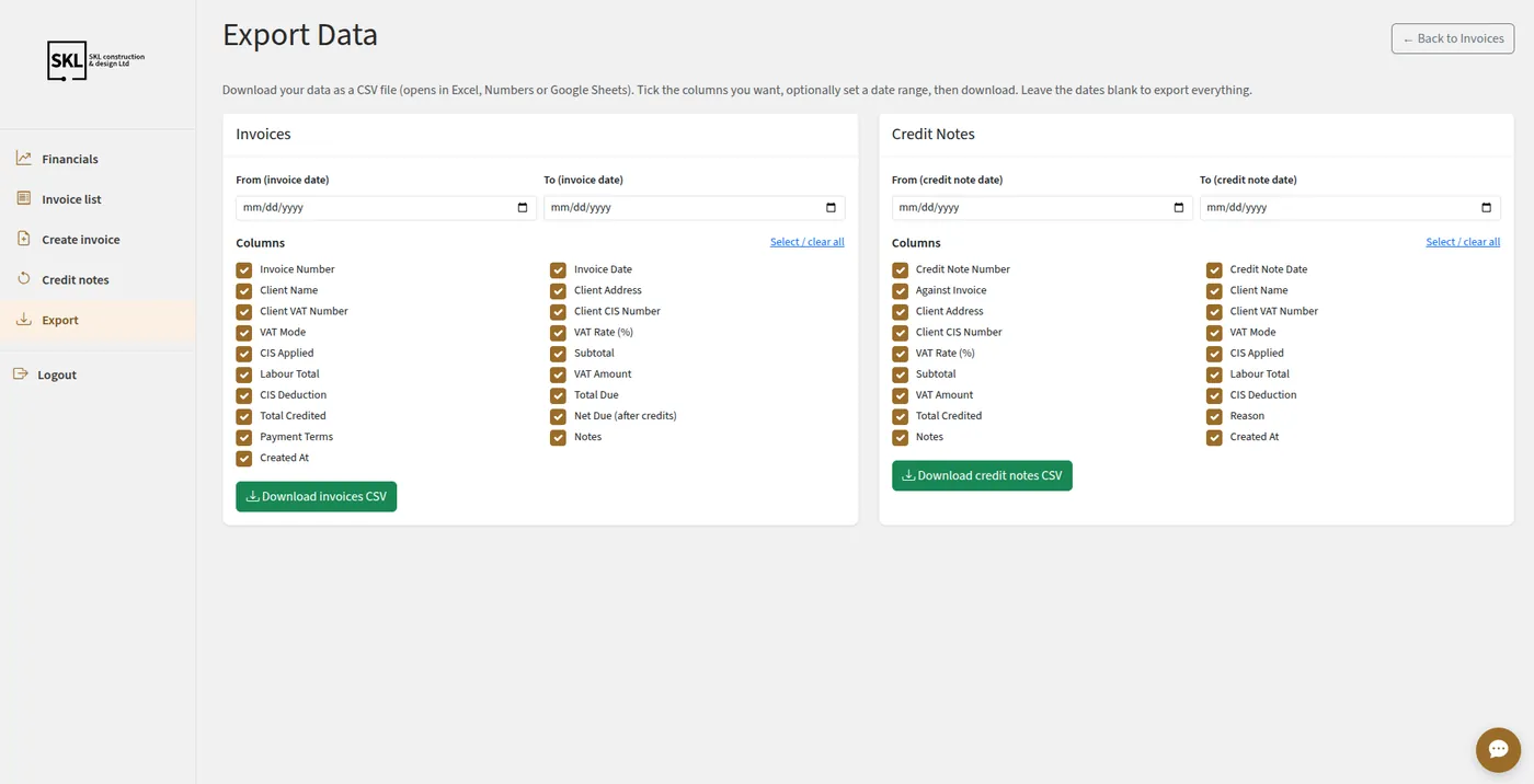 The export screen: invoices and credit notes to CSV, by date range, with every column selectable