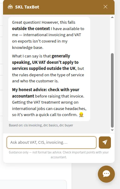 A question outside the knowledge base: the assistant says so, gives the general rule, and points to the accountant